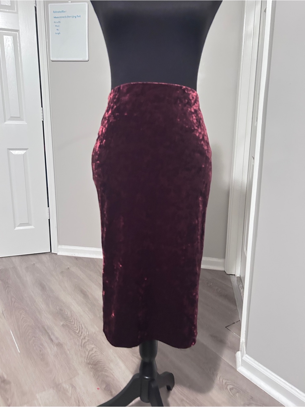 Vince Camuto crushed velvet pencil skirt in a rich oxblood/burgundy shade.